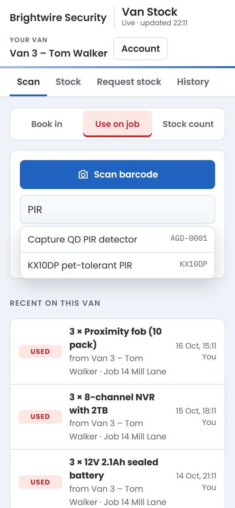 An engineer searching for a PIR detector to log it against a job